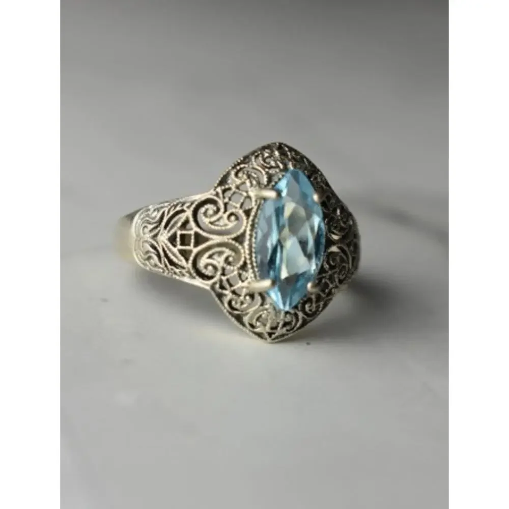 925 Sterling Silver Blue Spinel Openwork Ring Size 8.5